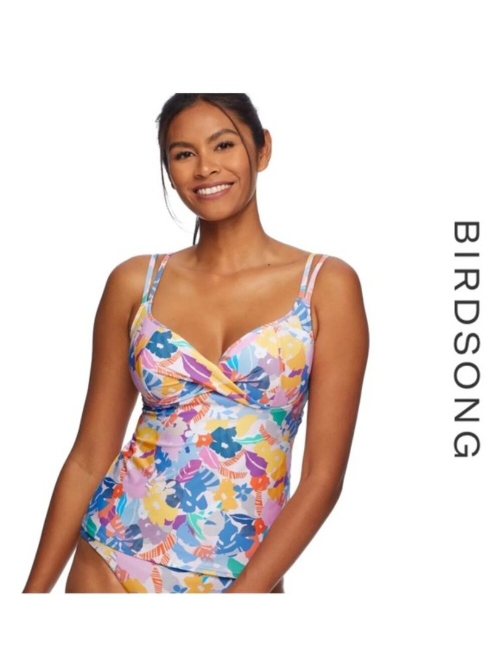 Birdsong | "Miami Vice" Purple Floral Underwire Wrap Tankini Top | Size 36D